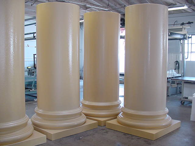 These 36-inch diameter columns for Paramount Studios were given a Polycoat finish. These are the lower sections; total height with the entasis-cut top sections was just under 22 feet.